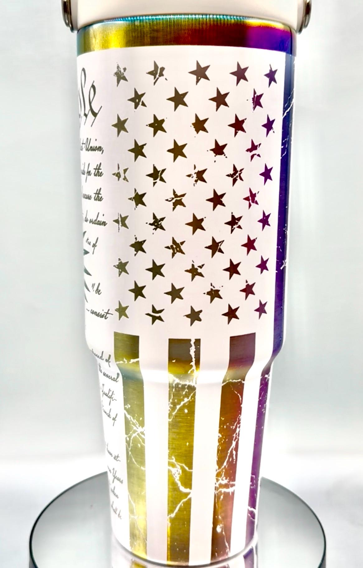 We The People FREEDOM Distressed Flag 30oz flip top tumbler straw and handle, Laser Engraved, Eagle, Patriotic, America, USA Tumbler