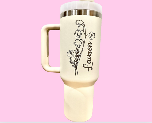 Birth Flower / Name Personalized Custom 40 oz Tumbler with Handle