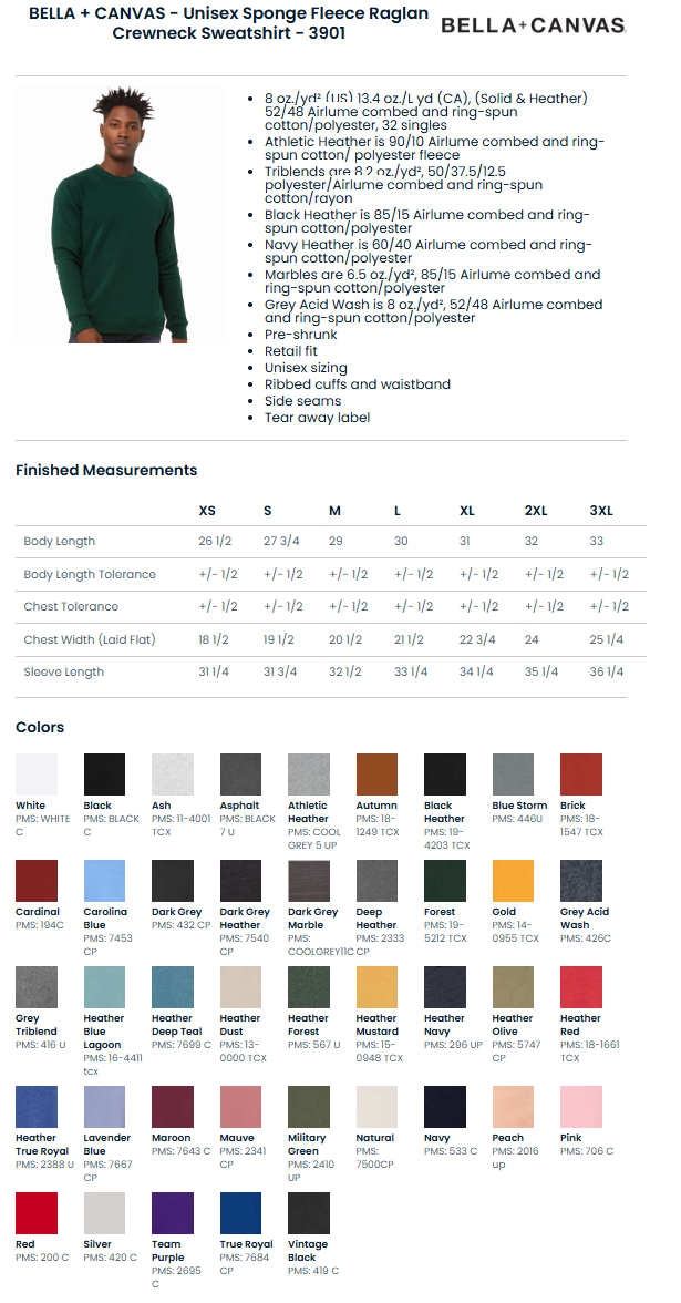 3901 Custom Unisex Sponge Fleece Raglan Crewneck Sweatshirt