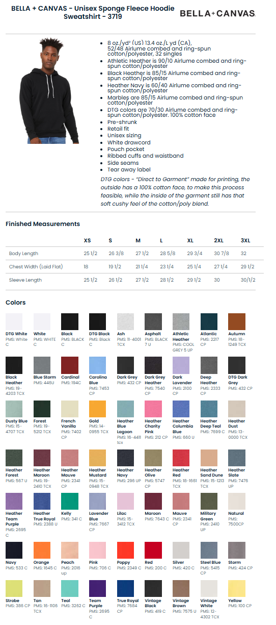 Bella + Canvas 3719 Custom Unisex Sponge Fleece Hoodie