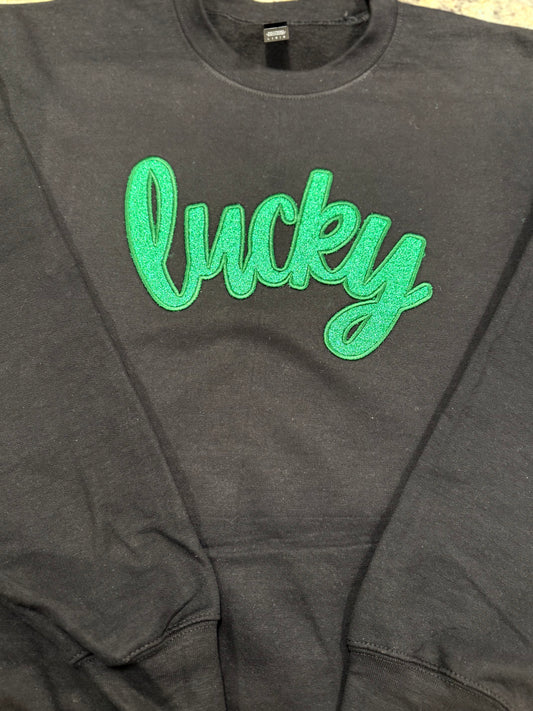 Embroidered “Lucky” Green Glitter Satin Stitch Black Sweatshirt St. Pats
