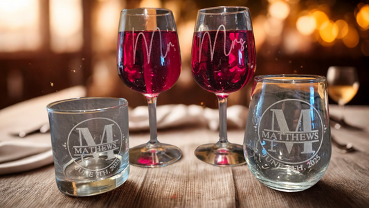 Engraved Wedding Glasses - Whiskey, stemless wine, and wine glass