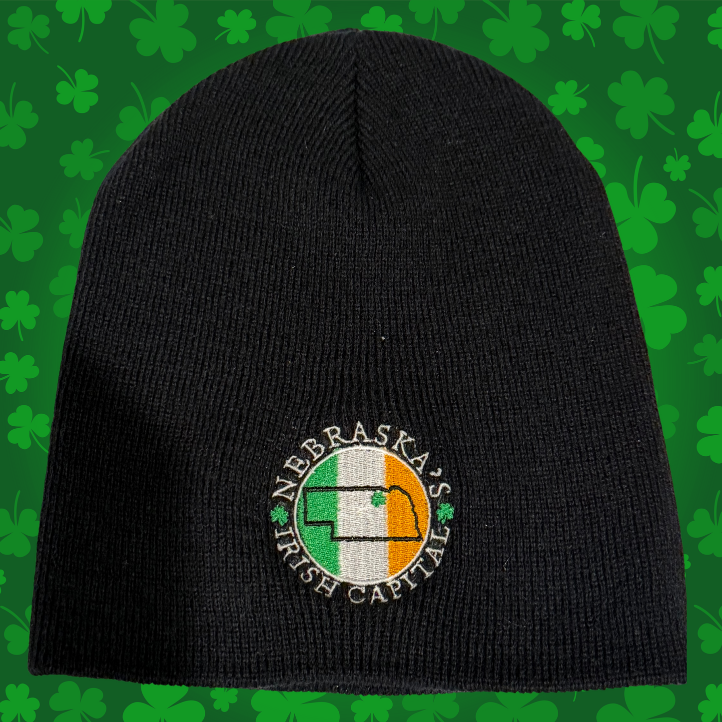 Nebraska's Irish Capital Embroidered Black Beanie St. Pats