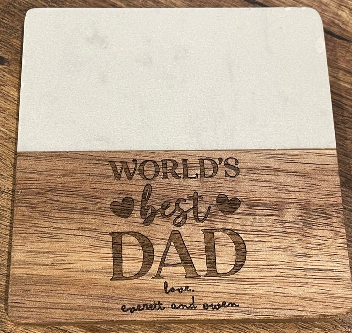 Custom Engraved Marble Wood Coaster Set, Personalized Gift for Housewarming, Anniversary, Wedding, Engagement