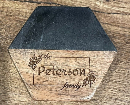 Custom Engraved Marble Wood Coaster Set, Personalized Gift for Housewarming, Anniversary, Wedding, Engagement