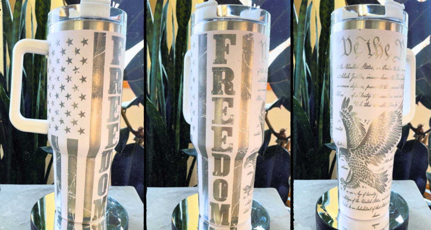 We The People FREEDOM Distressed Flag 40oz Tumbler with handle, Stanley Dupe cup, Laser Engraved, Eagle, Patriotic, America, USA Tumbler