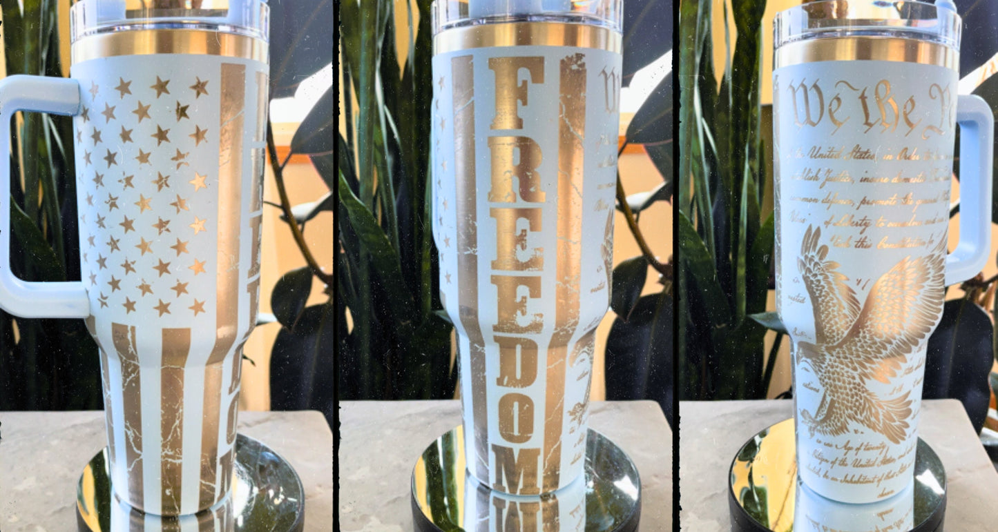 We The People FREEDOM Distressed Flag 40oz Tumbler with handle, Stanley Dupe cup, Laser Engraved, Eagle, Patriotic, America, USA Tumbler