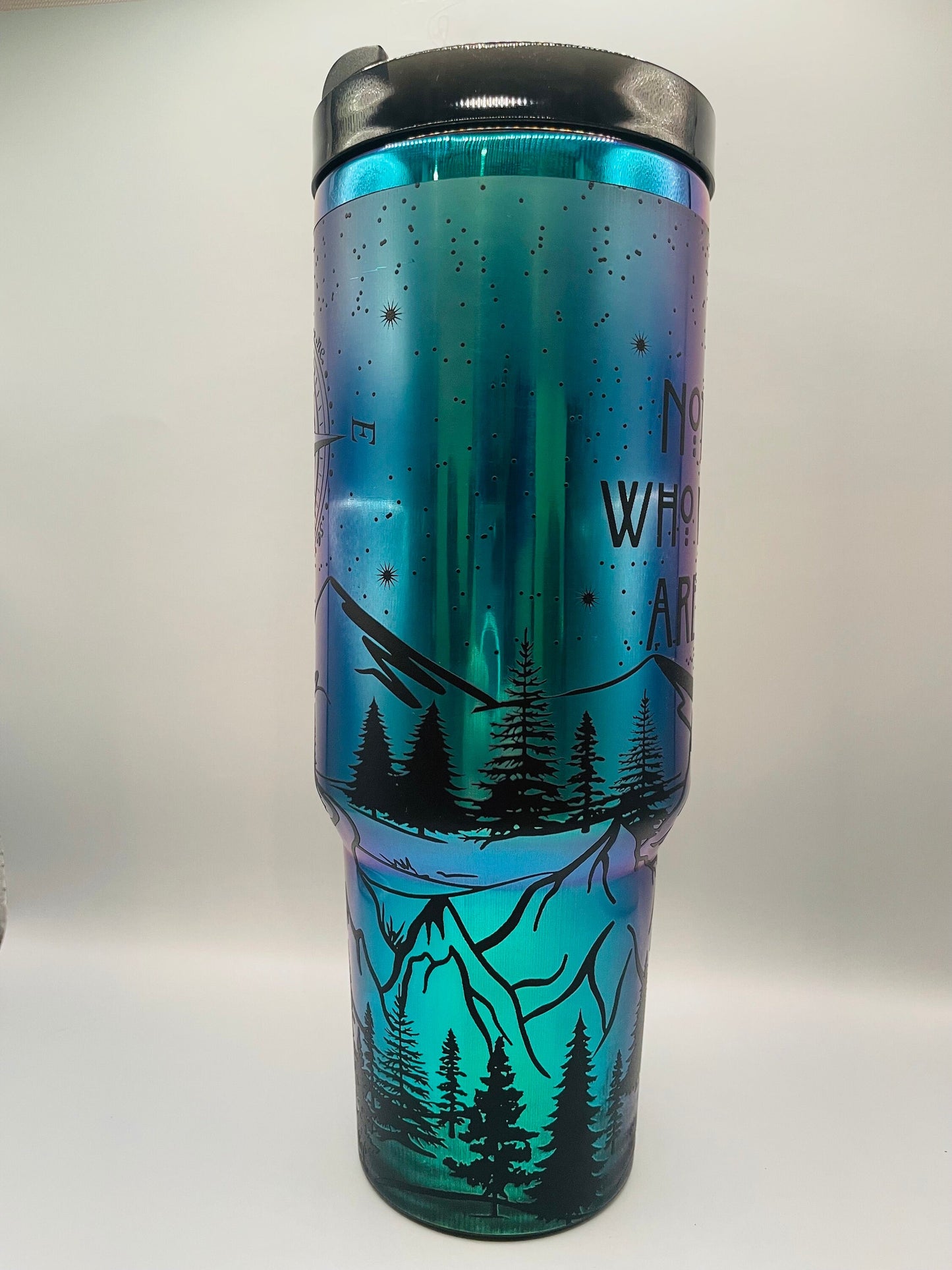 Not All Who Wander Are Lost Laser Engraved Tumbler REVERSED 40oz Black Rainbow with handle Other Colors Available, or choose own design,