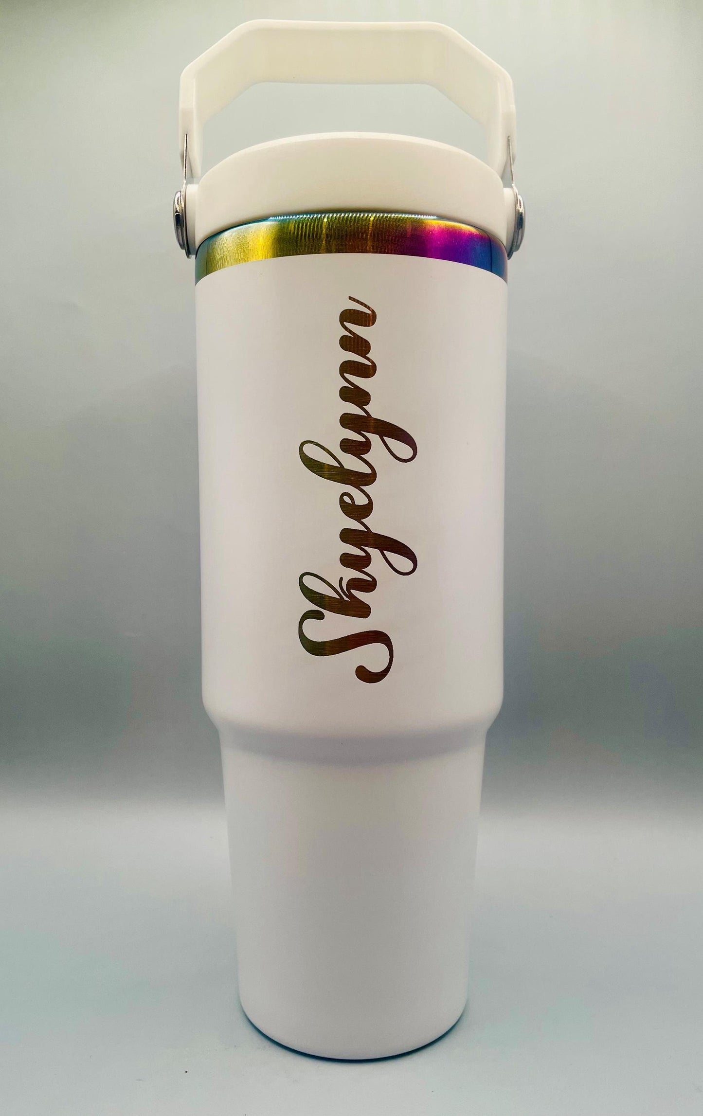 Personalized 30oz Tumbler with Flip Straw & Handle, RAINBOW, Custom Engraved logo or text, Gift For Her, 30 oz Travel Mug, birthday gifts