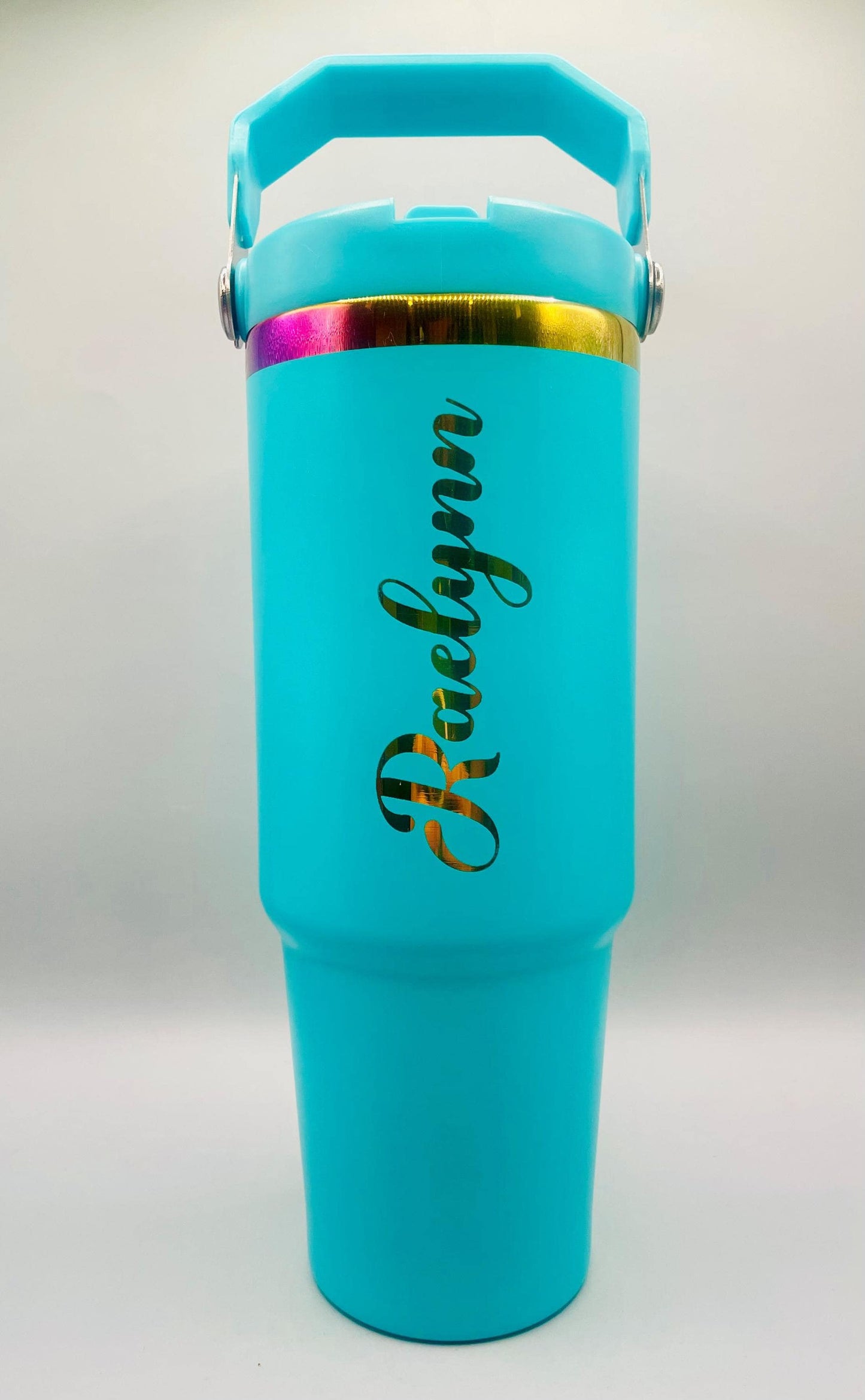 Personalized 30oz Tumbler with Flip Straw & Handle, RAINBOW, Custom Engraved logo or text, Gift For Her, 30 oz Travel Mug, birthday gifts