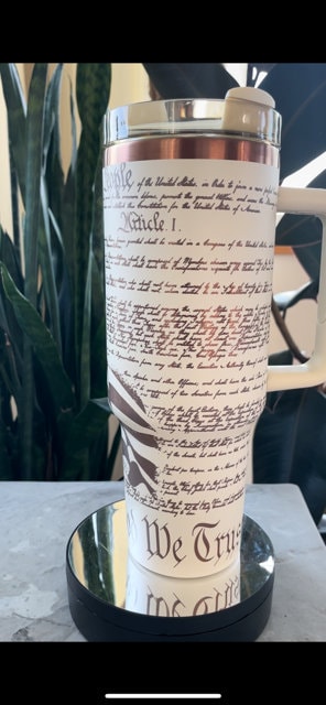 We The People/In God We Trust Flag 40oz Tumbler with handle, Stanley Dupe cup, Laser Engraved, Patriotic, America, USA, Constitution