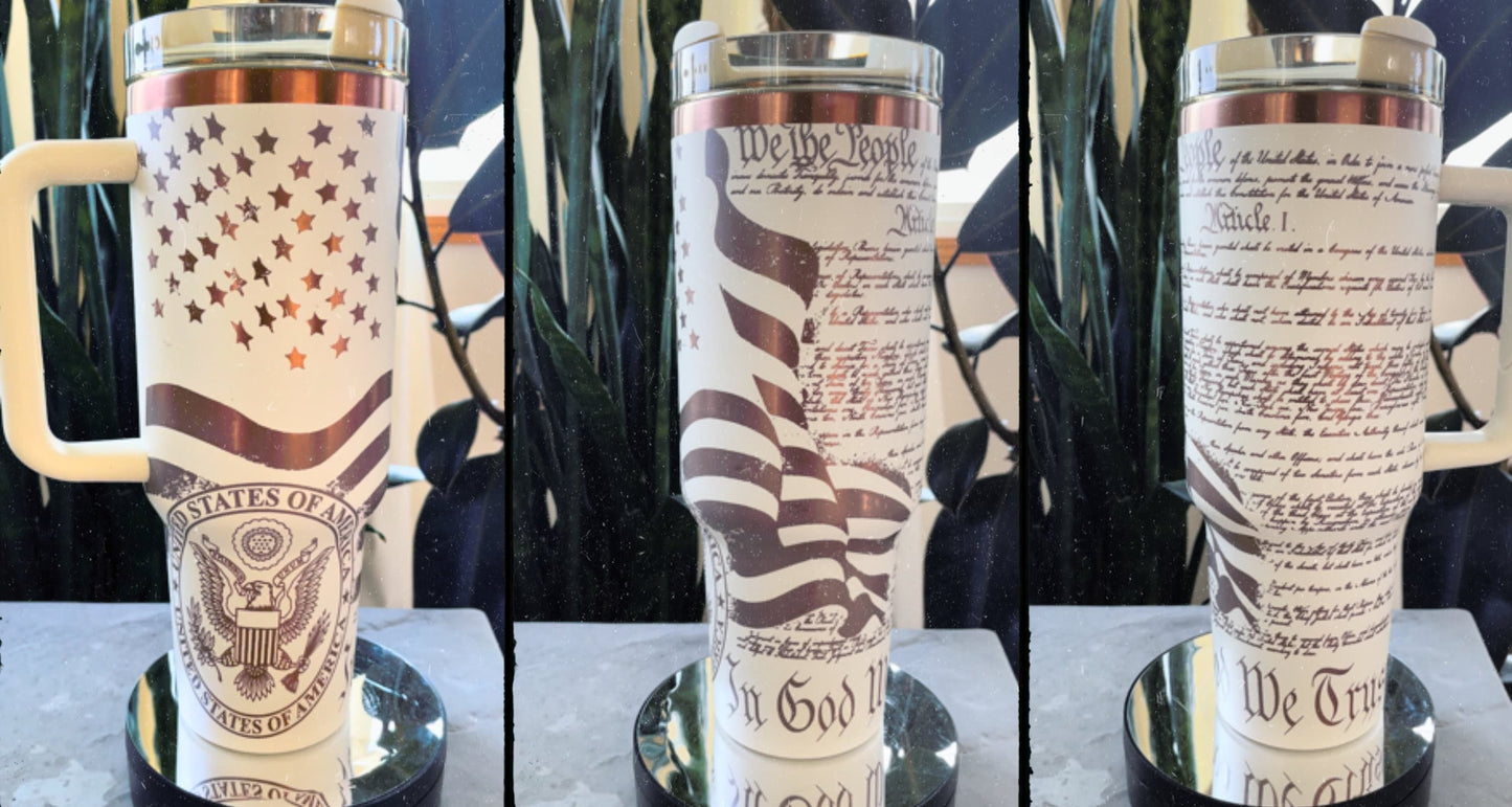 We The People/In God We Trust Flag 40oz Tumbler with handle, Stanley Dupe cup, Laser Engraved, Patriotic, America, USA, Constitution