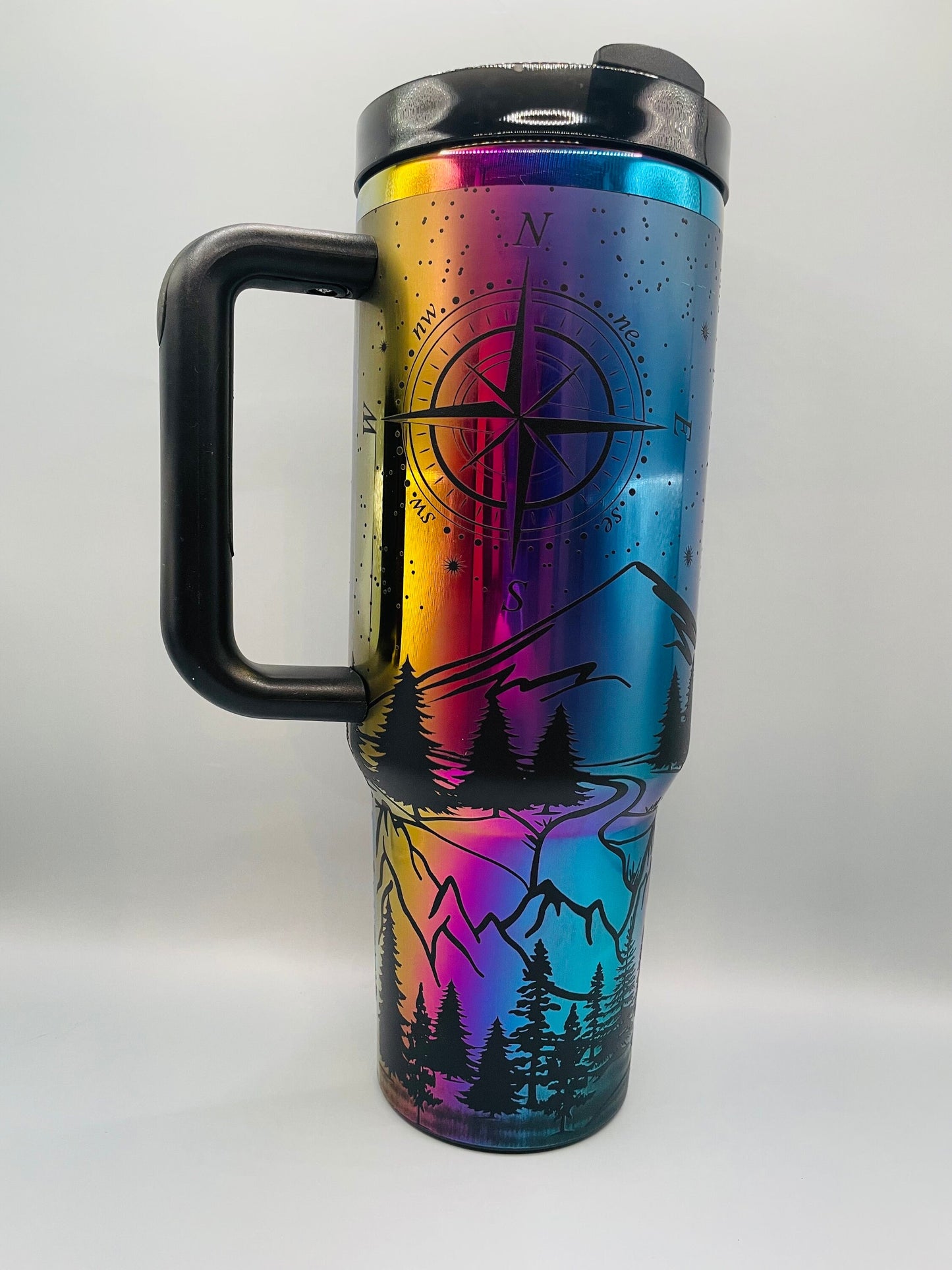 Not All Who Wander Are Lost Laser Engraved Tumbler REVERSED 40oz Black Rainbow with handle Other Colors Available, or choose own design,
