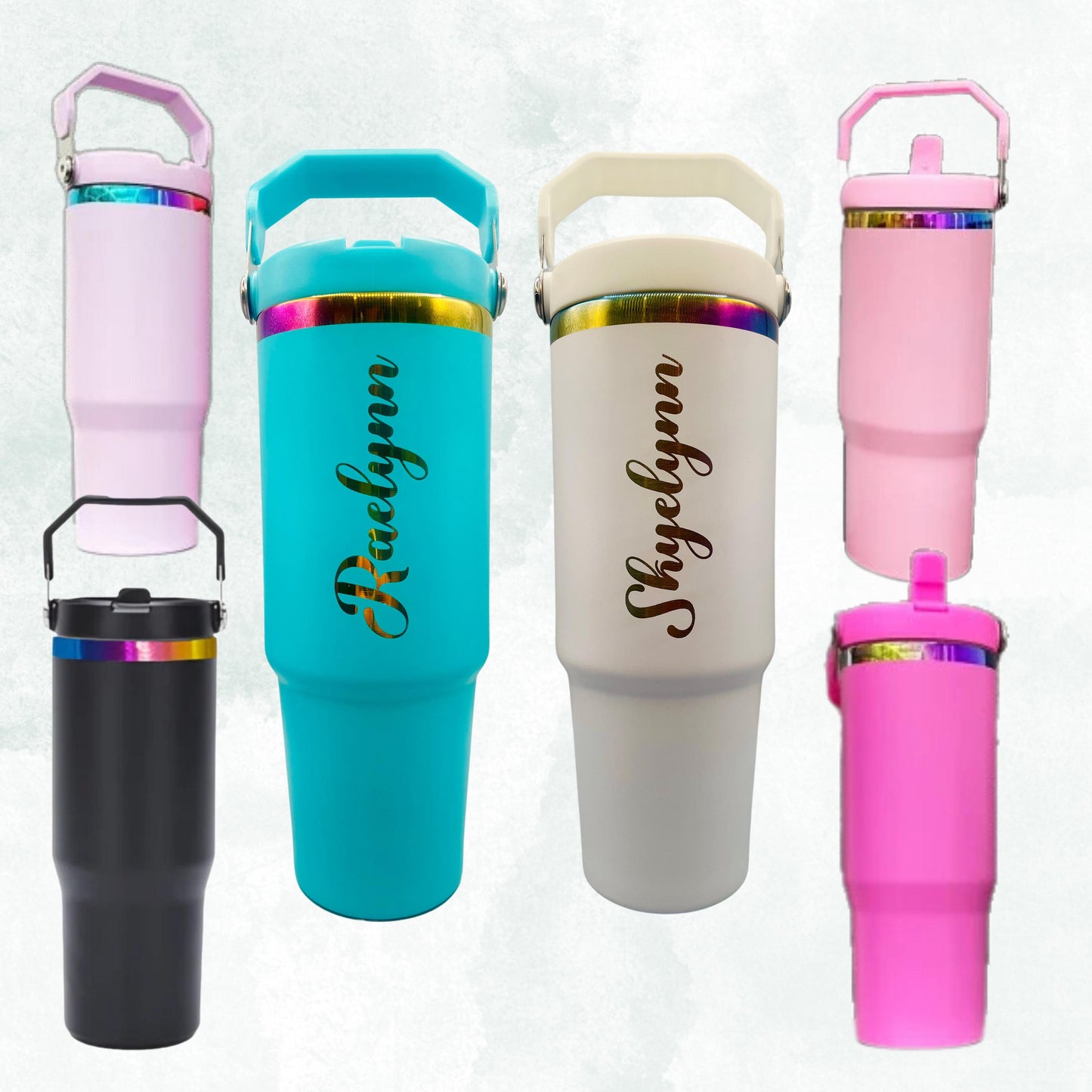 Personalized 30oz Tumbler with Flip Straw & Handle, RAINBOW, Custom Engraved logo or text, Gift For Her, 30 oz Travel Mug, birthday gifts