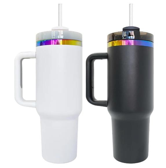 BLANK White and Black 40oz Tumbler with handle and straw Rainbow plated for laser engraving