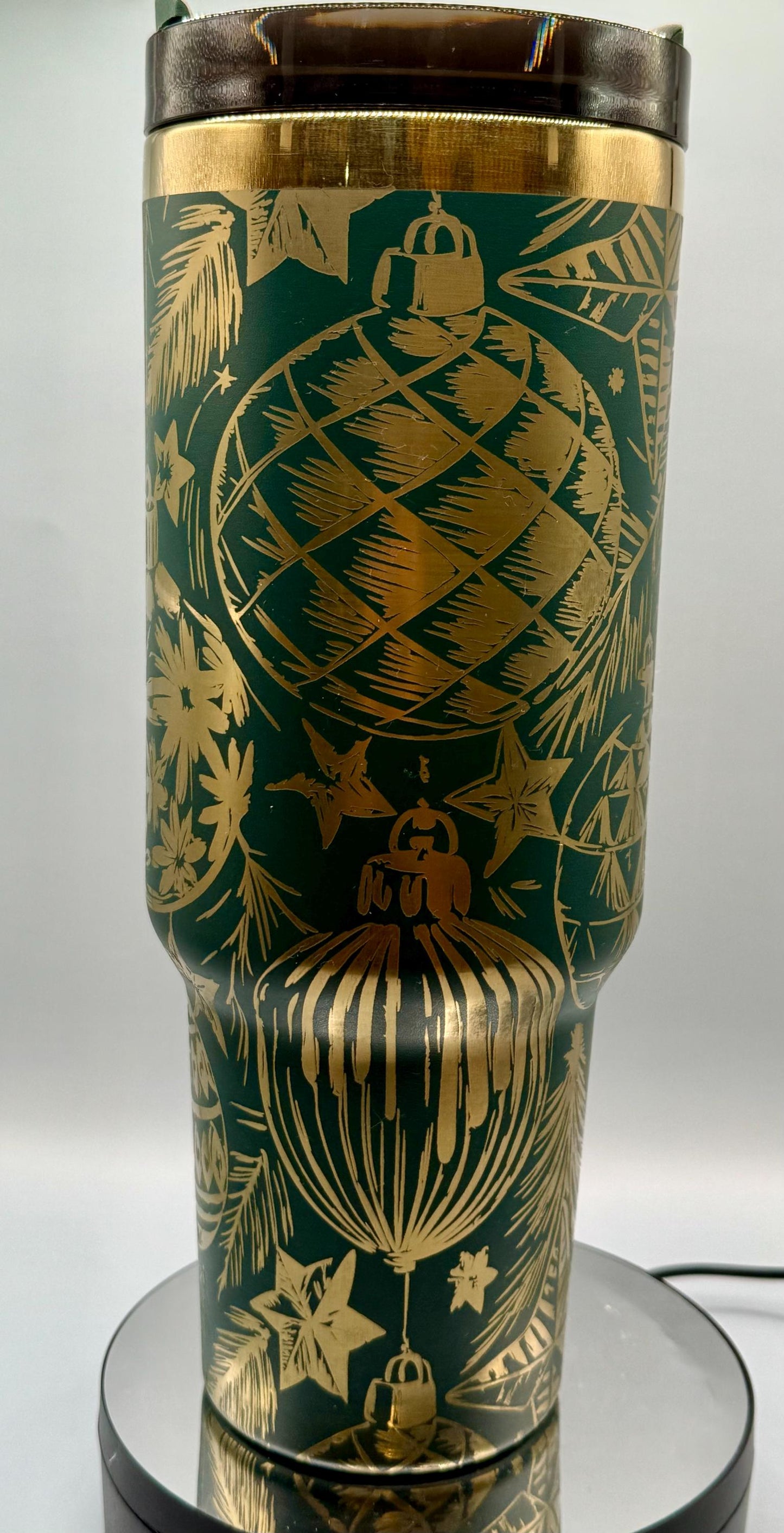 Christmas Ornaments Full Wrap 40oz Tumbler with handle Green with Gold Plating handle, red with gold, red with green plating, christmas gift