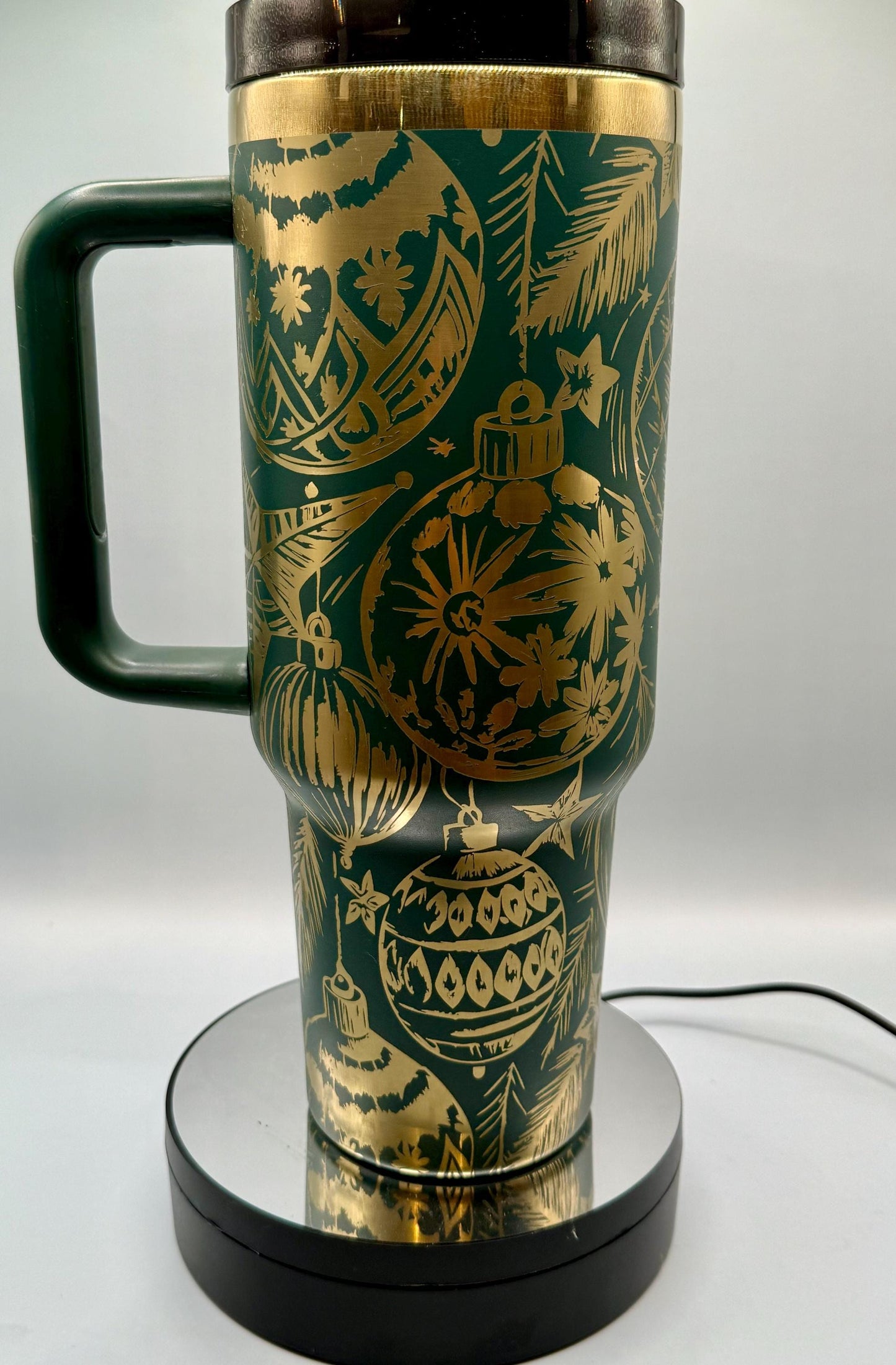 Christmas Ornaments Full Wrap 40oz Tumbler with handle Green with Gold Plating handle, red with gold, red with green plating, christmas gift
