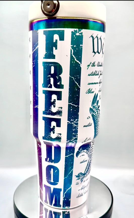 We The People FREEDOM Distressed Flag 30oz flip top tumbler  straw and handle, Laser Engraved, Eagle, Patriotic, America, USA Tumbler