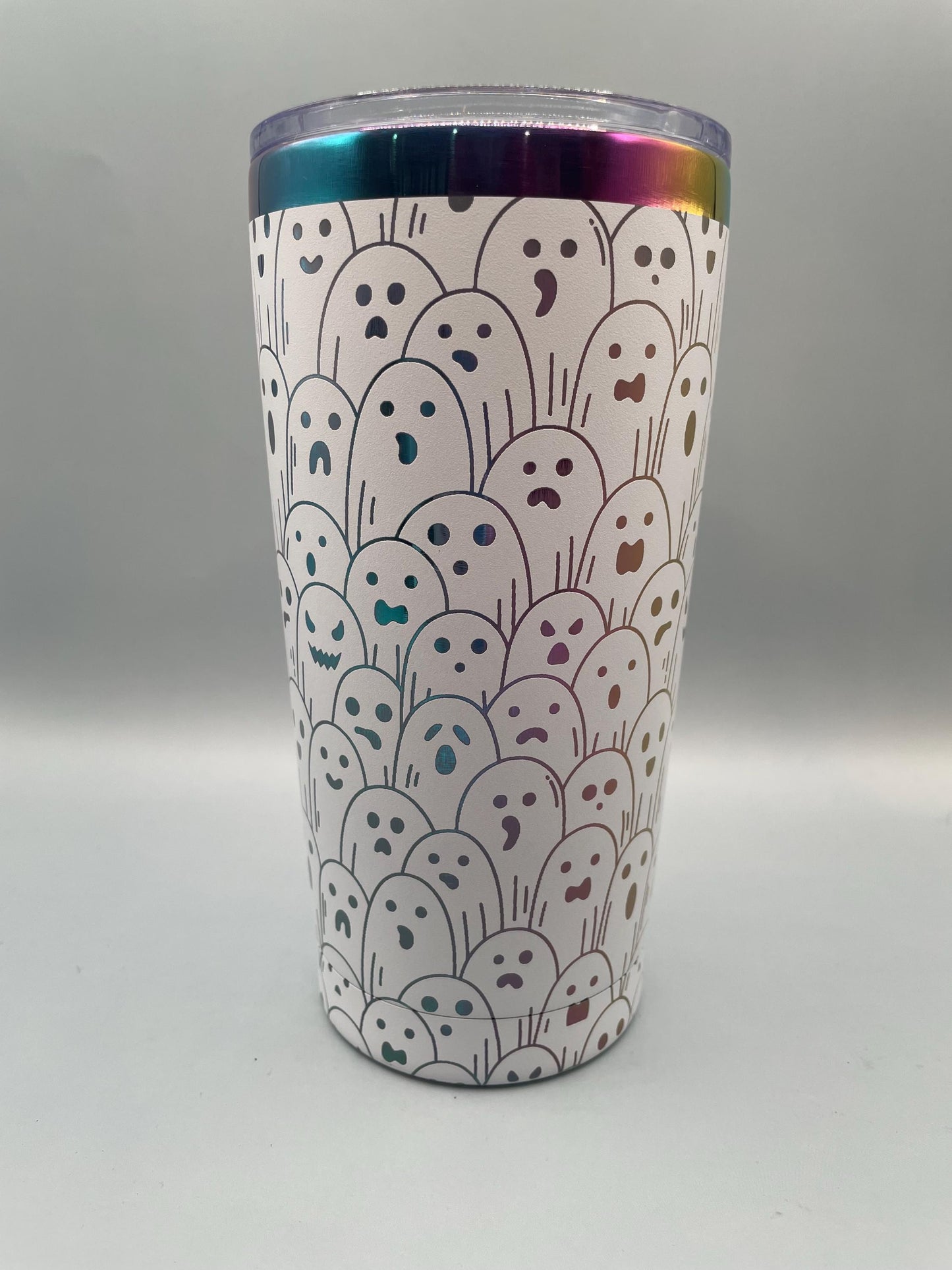 Cute Ghosts Full wrap seamless Tumbler, 20 travel mug, coffee mug, 20oz Tumbler with slide lid, Engraved rainbow black and white