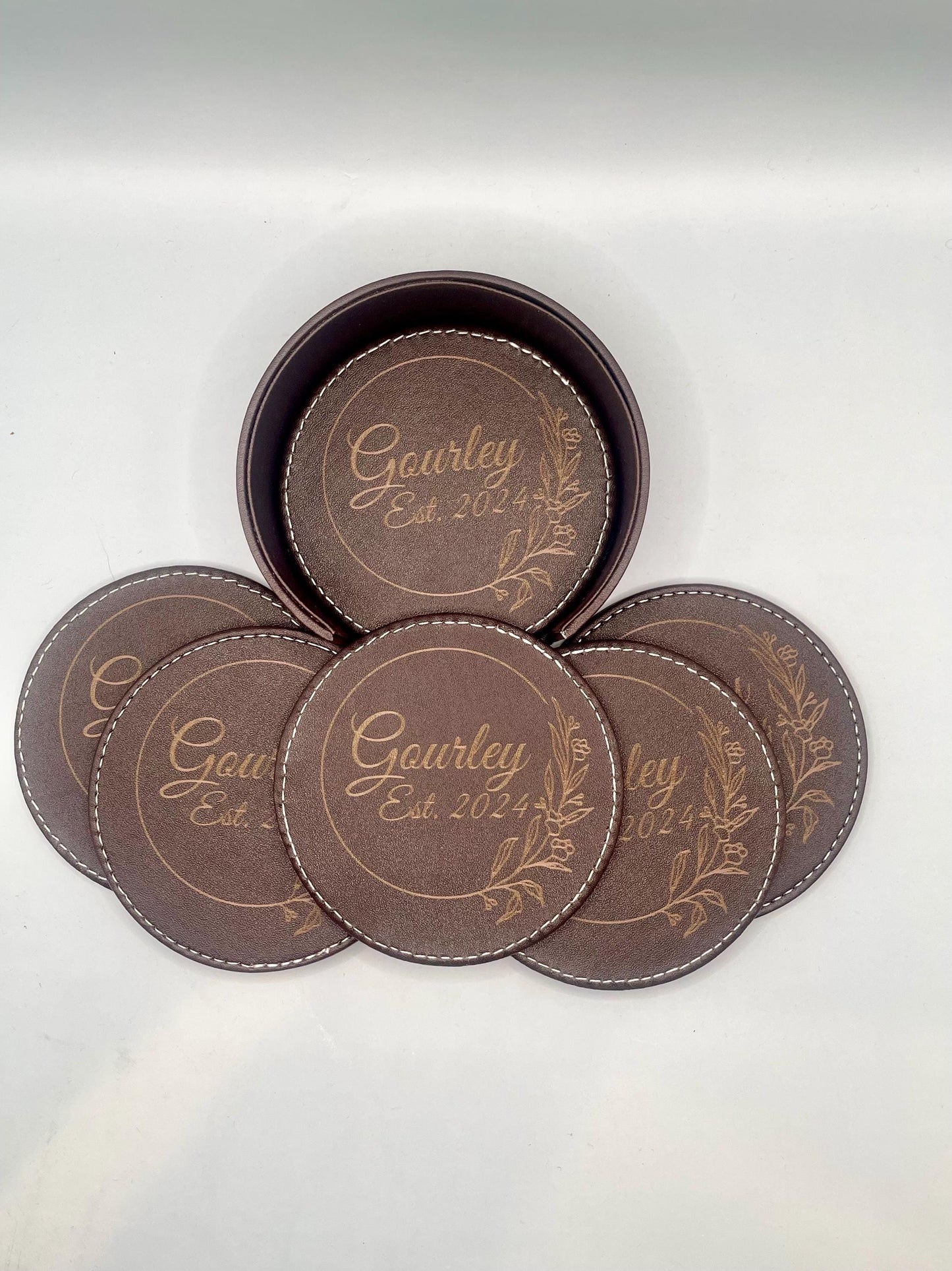 Custom Engraved leather Coaster Set with holder, 6 coasters total, Personalized Gift for Housewarming, Anniversary, Wedding, Engagement