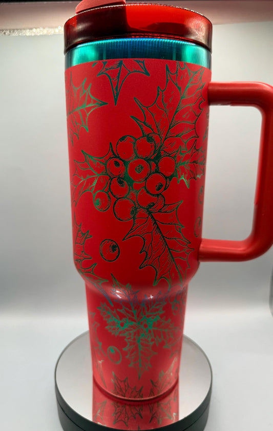 Christmas Holly Mistletoe Full Wrap 40oz Tumbler  White GreenBlack Steel, Green Gold, red  gold, red green plating, christmas gift, holiday