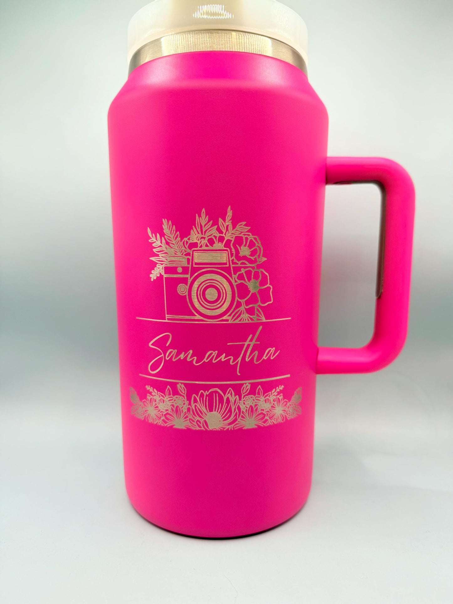 64 oz Tumbler with Handle and Straw , Large Tumbler in dark pink, teal, cream, and black, laser engraving available. Blank tumbler. Gifts