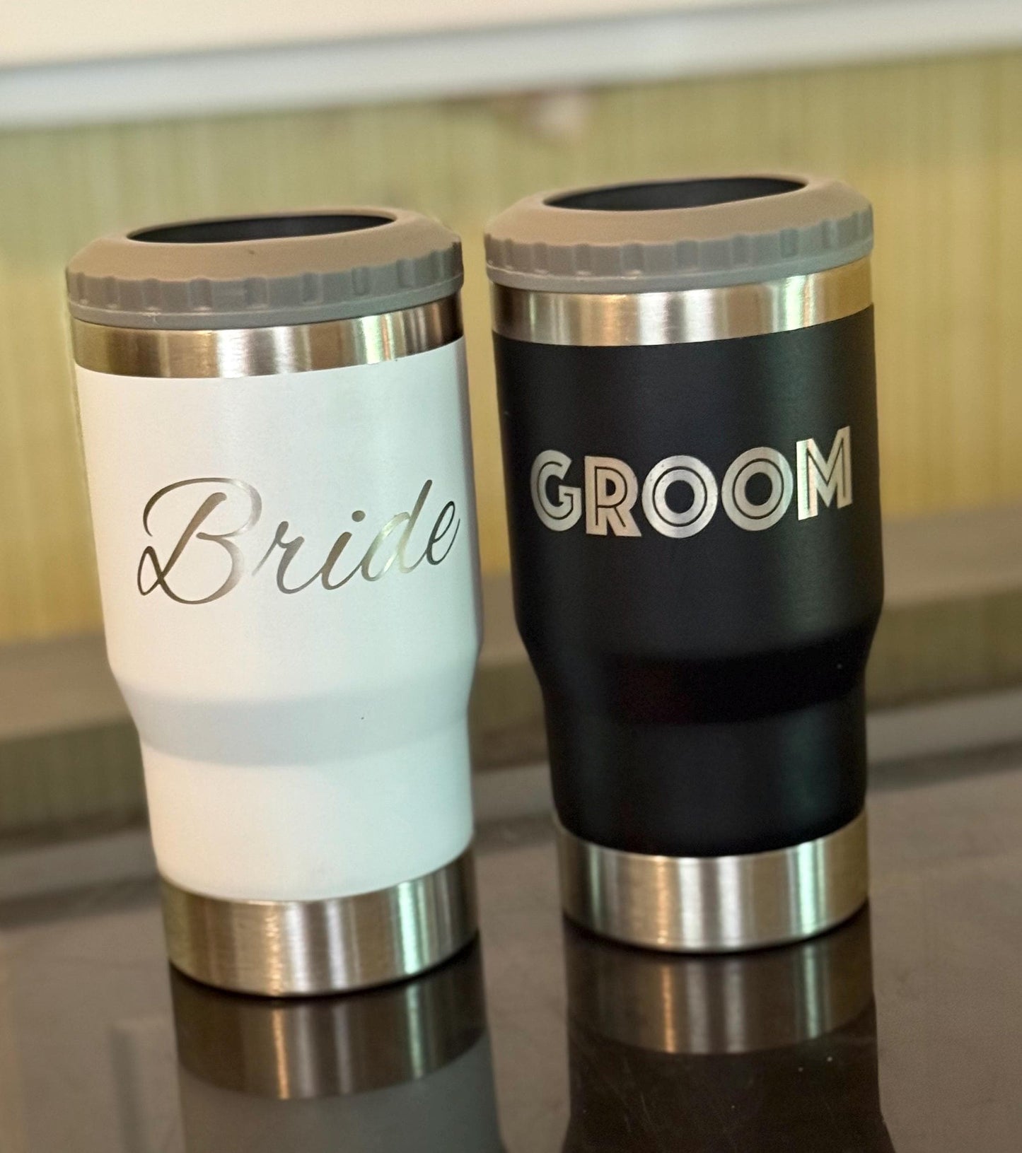 Wedding Bride and Groom 4 in 1 Hard Can Cooler , Bottle Opener, Tumbler with Lid