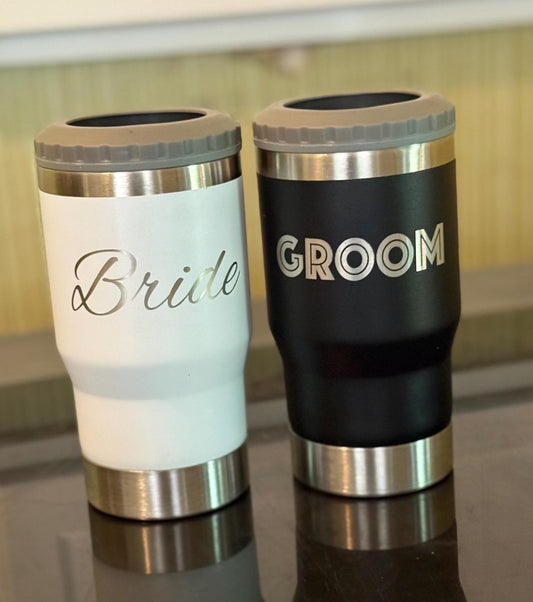 Wedding Bride and Groom 4 in 1 Hard Can Cooler , Bottle Opener, Tumbler with Lid